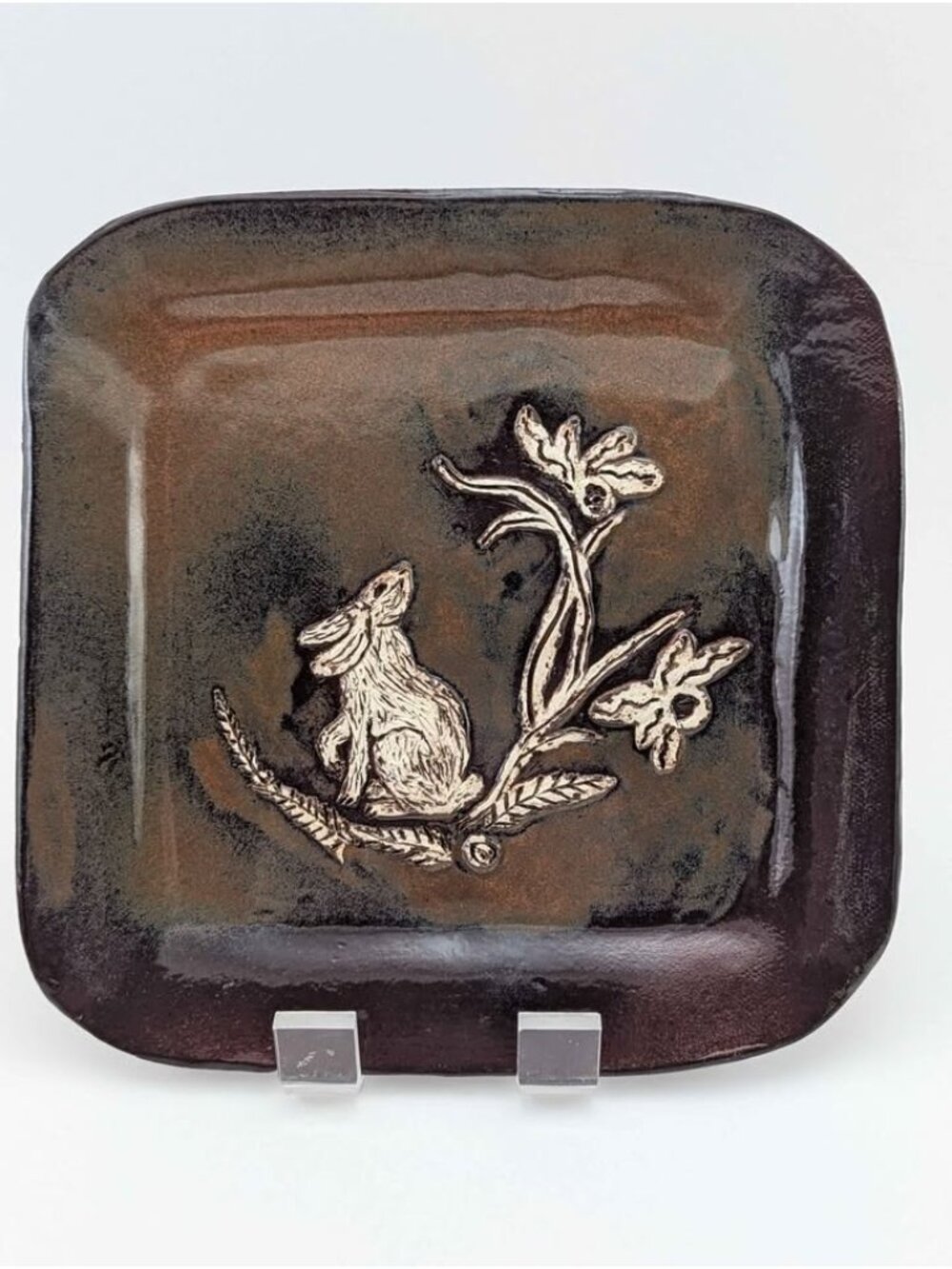 Handmade Glazed Ceramic 9" Square Rabbit Bunny Plate Signed 2014